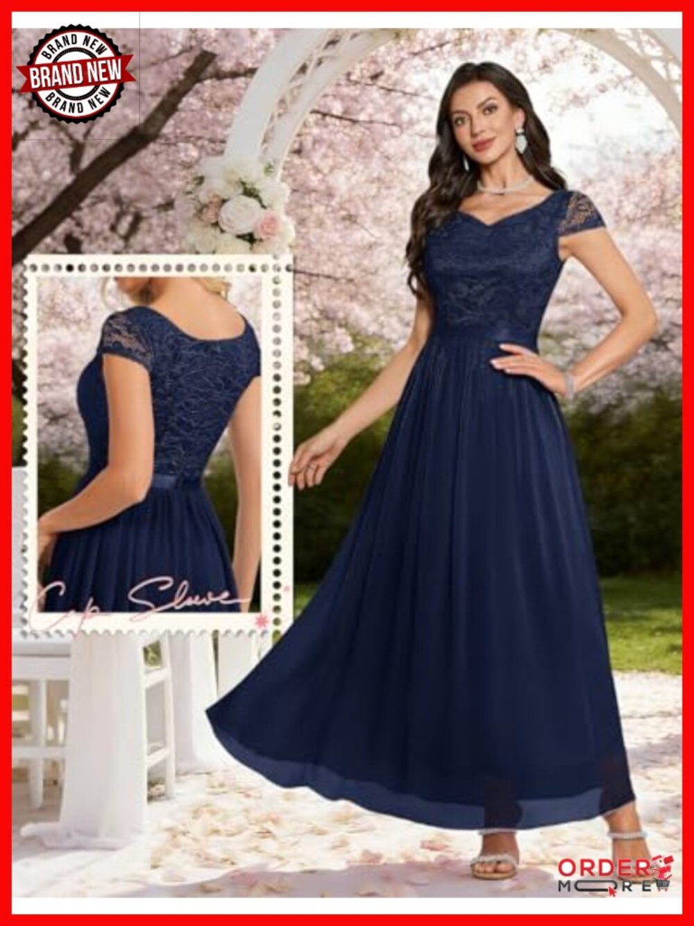 Lace Chiffon Formal Maxi Dress with Cap Sleeves V-Neck - Picture 3 of 6